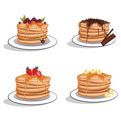 pancakes. Stacks of tasty pancakes with butter, chocolate syrup and fruits