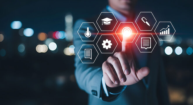 Businessman touching virtual interface icons representing business and education applications in front of cityscape at night.