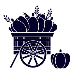 Black silhouette of rustic wagon full of pumpkins, wheat, and vegetables. Great for Thanksgiving decorations, banners, and seasonal posters.