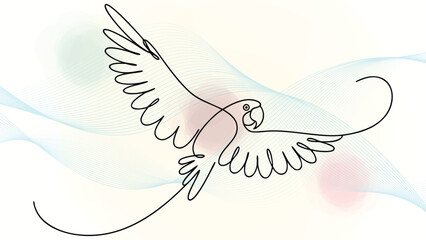 Obraz premium Playful elegant continuous line art a parrot flying with abstract wavy bird flight