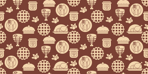 Beige silhouette seamless pattern of Thanksgiving dinner elements, turkey, cherry pie, honey, pumpkin pie, and cutlery on brown background. Great for fabric, wallpaper, and packaging.