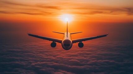 Airplane flying into sunset over clouds high resolution photo