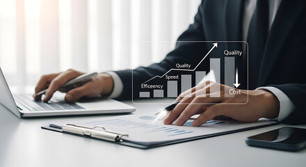 Businessman analyzes company performance metrics of efficiency, speed, quality, and cost reduction using laptop and charts.