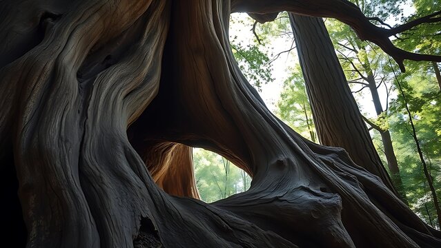 hardener. Ancient tree hollow providing shelter, dappled sunlight filtering through forest canopy. travel magazines, destination branding, designed for travel destination branding.