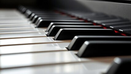 octet. Close-up of piano keys in black and white pattern, elegant musical instrument detail. lifestyle magazines, social media lookbooks, designed for influencer and brand collaborations.