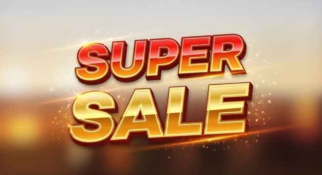 Vibrant “SUPER SALE” graphic with glowing red and gold 3D text over a warm, festive gradient — ideal for high-energy retail promotions and celebratory campaigns.