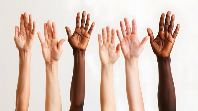Diverse human hands raised upward against a light background demonstrating unity and participation - Powered by Adobe
