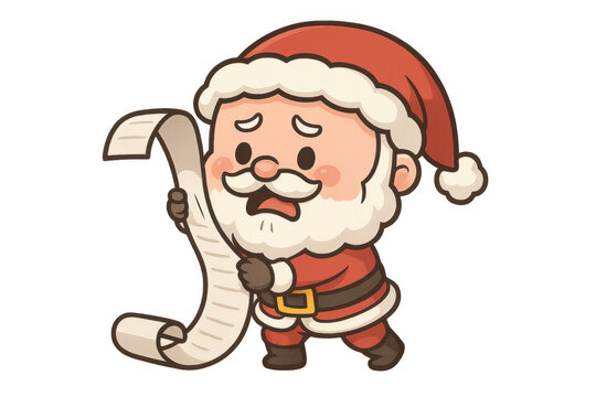 Santa claus cartoon character feeling worried and shocked while checking a long scroll representing the naughty list, making christmas preparations
