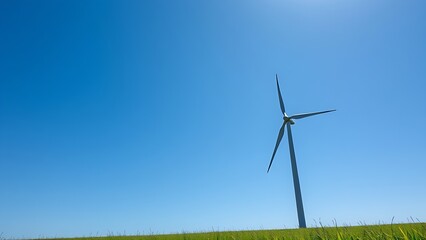 rotor. Wind turbine in green field against blue sky representing clean energy, ESG reports, sustainability campaigns, designed for environmental awareness campaigns, promotes sustainability.