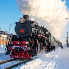 Obraz premium A vintage steam train, with red star, puffs clouds of smoke in winter