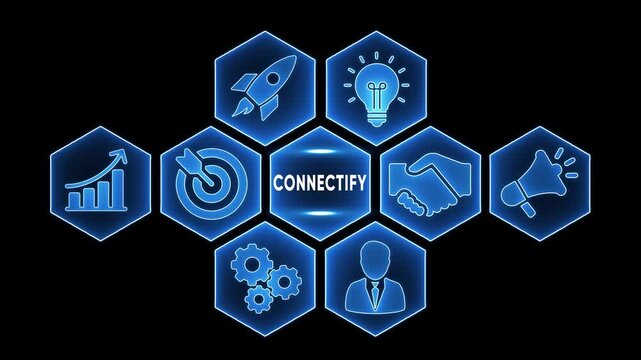 Connectify business strategy infographic with icons and text on black background Keywords: connectify, business, strategy, infographic, icons, technology, startup, growth, idea, target, handshake