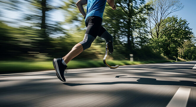 Disabled athlete with prosthetic leg running on a road surrounded by trees in bright daylight.