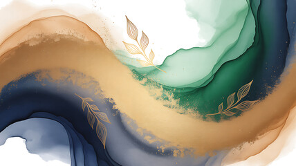 Abstract flowing waves of deep blue emerald green and shimmering gold ink on white background