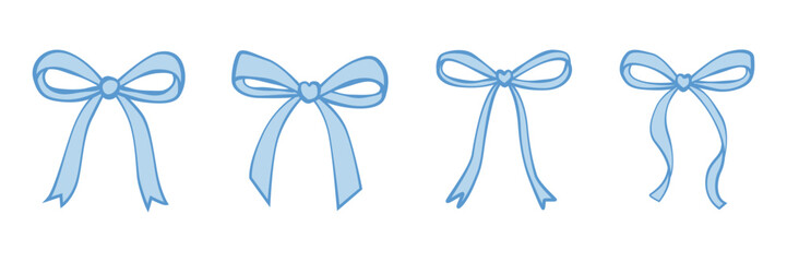 Set of blue hand drawn doodle bows. Various bowties stickers for gift tags, greeting cards, scrapbooking, design elements, patterns. Color vector illustrations isolated on a white background.