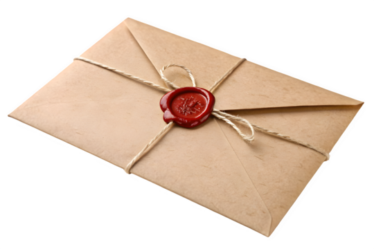 Vintage kraft paper envelope sealed with red wax isolated on transparent background