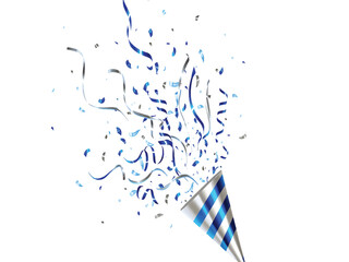 Blue confetti exploding from a party popper on a white background