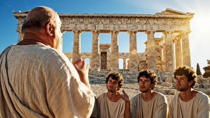 A passionate teacher shares insights about philosophy with eager students near the Parthenon in Athens. The golden sunlight creates a perfect backdrop for this educational moment.