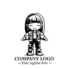 Black and White Chibi Girl Standing in Jacket, Pants, and Boots. Simple Bold Vector Illustration
