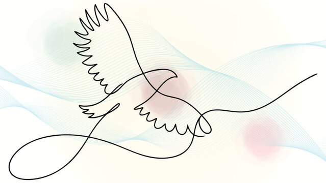 Minimalist single line drawing a bird in flight with abstract wavy lines soft blurs elegant continuous
