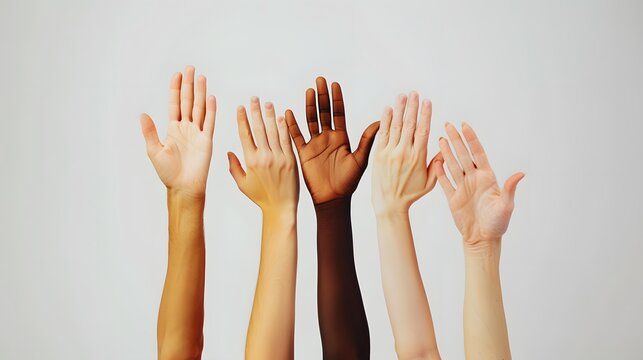 Five diverse human hands reach upward against a light gray background