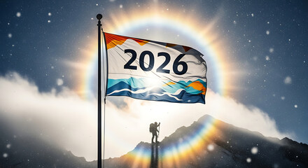 Aspirational 2026 Future Flag Waving on Peak with Hiker Silhouette