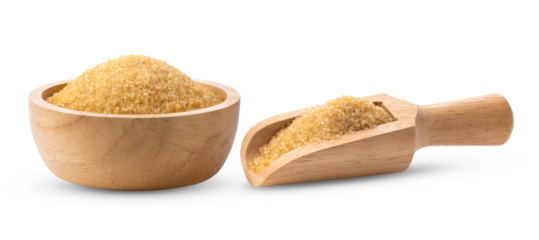 Brown sugar in wood bowl and scoop isolated on transparent png ( image from camera )
