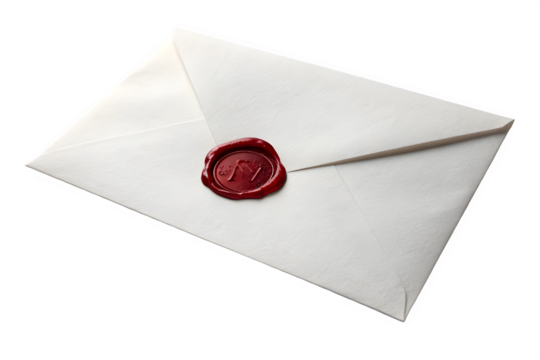 White envelope with red wax seal isolated on transparent background
