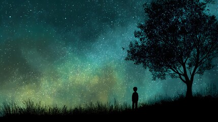 Fototapeta premium Solitary figure stands beneath a massive tree against a vibrant, star-filled night sky