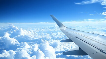 Obraz premium Airplane wing above fluffy clouds blue sky aerial view high resolution photo
