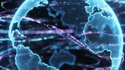 Digital globe with blue dots outlines continents amid blurred streaks