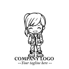 Black and White Chibi Girl Standing in Jacket, Pants, and Boots. Simple Bold Vector Illustration
