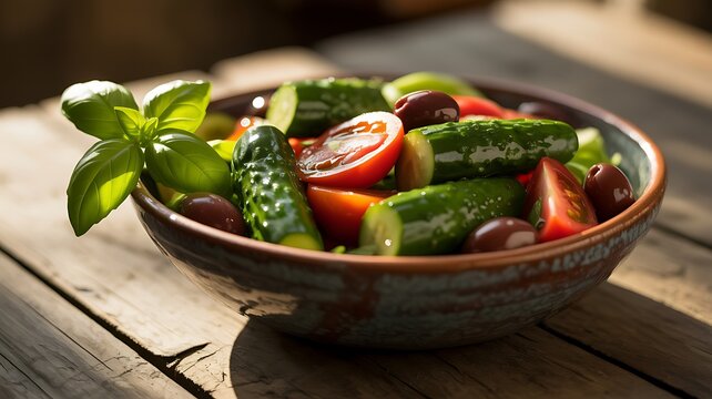 Freshly prepared garden salad with ripe tomatoes crisp cucumbers olives and basil sprig on rustic wooden table