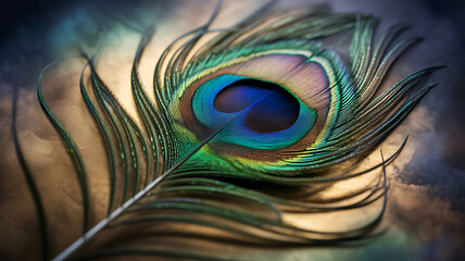 Close up macro shot of a vibrant iridescent peacock feather with intricate eye pattern and detailed texture