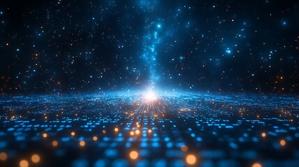 Digital data landscape with glowing blue and orange particles rising to a bright light