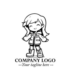 Black and White Chibi Girl Standing in Jacket, Pants, and Boots. Simple Bold Vector Illustration
