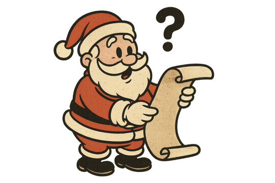 Santa claus cartoon character looking confused, holding long naughty or nice list with a question mark, transparent background