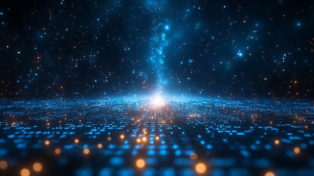 Digital data landscape with glowing blue and orange particles rising to a bright light - Powered by Adobe
