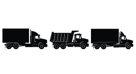 Three trucks in silhouette isolated on white background, transportation concept