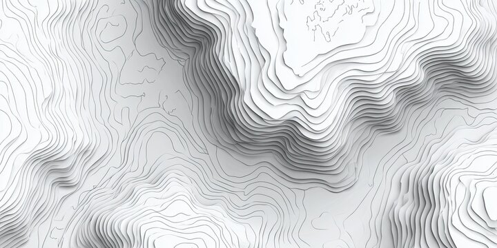 Abstract topographic relief map with contour lines, white, 3D rendering, clean design
