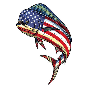 Mahi Mahi Fish with American Flag Skin for Offshore Saltwater Fishing Vector