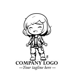Black and White Chibi Girl Standing in Jacket, Pants, and Boots. Simple Bold Vector Illustration
