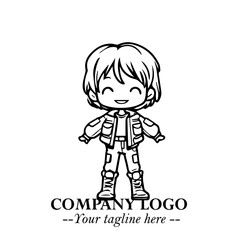 Black and White Chibi Girl Standing in Jacket, Pants, and Boots. Simple Bold Vector Illustration
