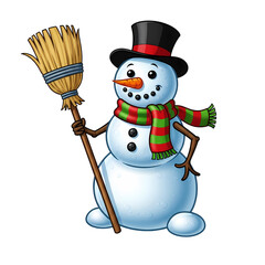 Joyful snowman with festive scarf holding broom ready for winter fun
