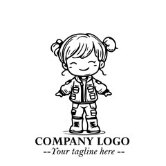 Black and White Chibi Girl Standing in Jacket, Pants, and Boots. Simple Bold Vector Illustration
