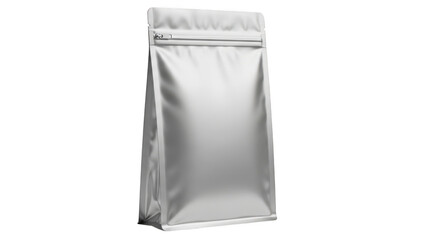 A silver metallic standup pouch bag with a zipper, isolated on transparent background