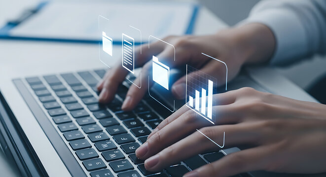 Person typing on a laptop with digital icons of files and charts overlaid, representing data management and analysis.
