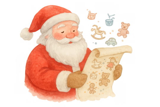 Santa claus reading children's christmas wish list, surrounded by flying toys, watercolor illustration, transparent background - Powered by Adobe