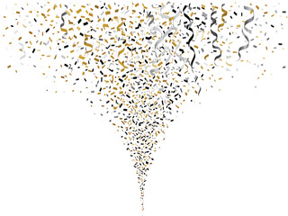 Dynamic festive celebration element featuring a shower of golden and black confetti and metallic ribbons