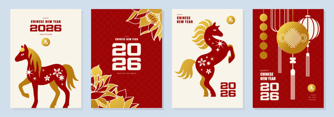 Set of cards for Chinese New Year, Year of the Horse, featuring a decorative silhouette of a horse, a blooming lotus and a traditional knot lantern in bold red and bright gold colors, vector