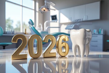 Golden dental 2026 concept with tooth and modern dentist office interior background